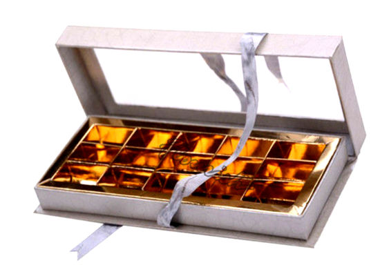 Klappbare Geschenkbox aus Klappkarton mit Fenster- und Bandverschluss